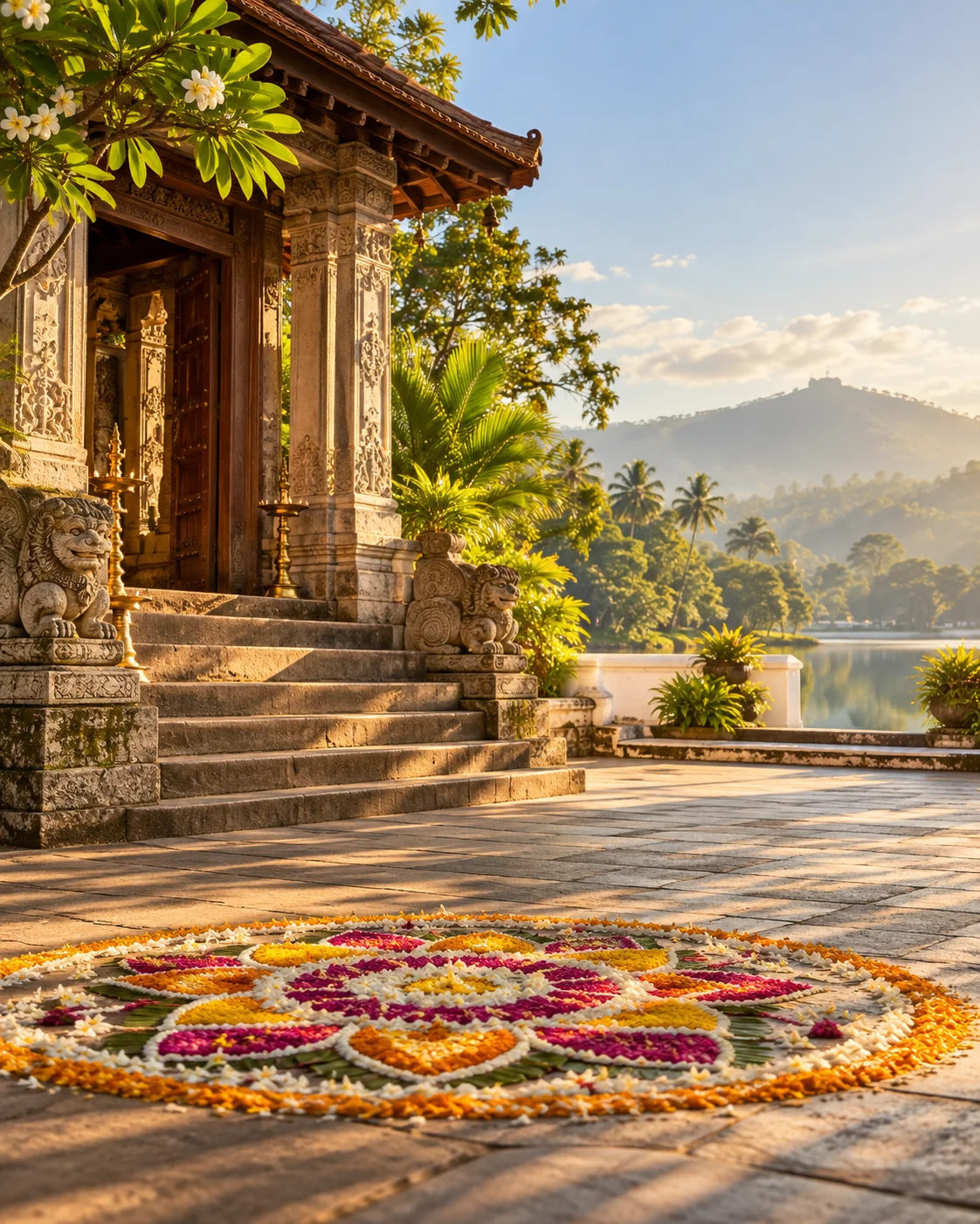 Temple courtyard with a colourful floral pattern, illustrative campaign image