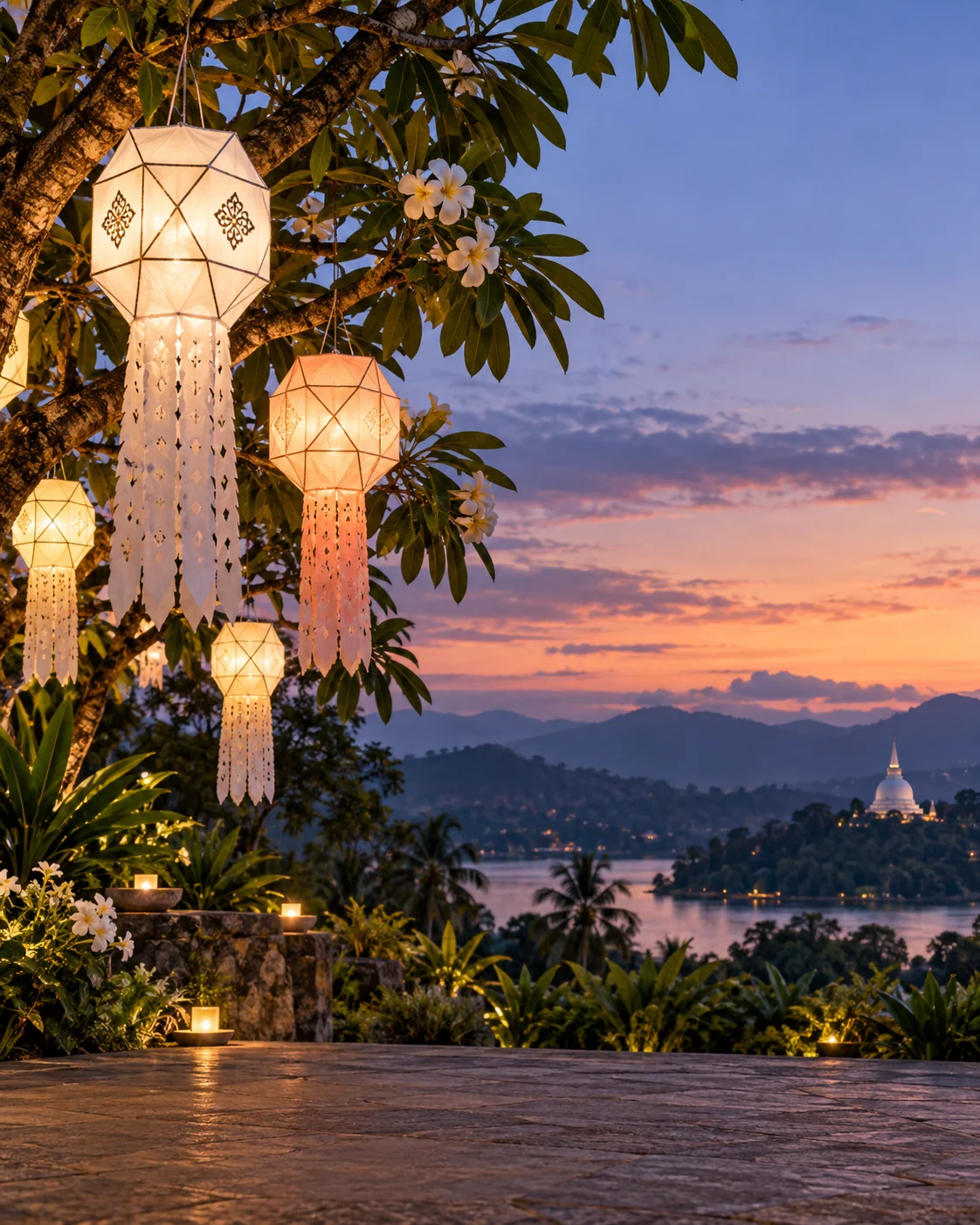 Glowing paper lanterns in a tranquil garden, illustrative campaign image