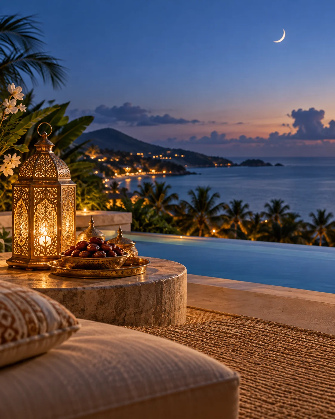Brass lantern and dates overlooking a tropical coastline, illustrative campaign image