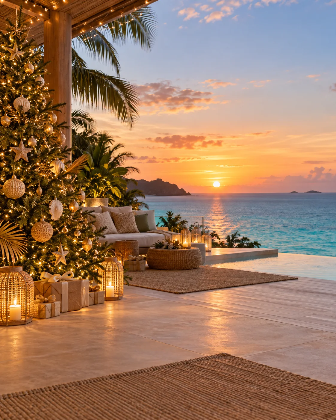 Christmas tree on a tropical seaside terrace, illustrative campaign image